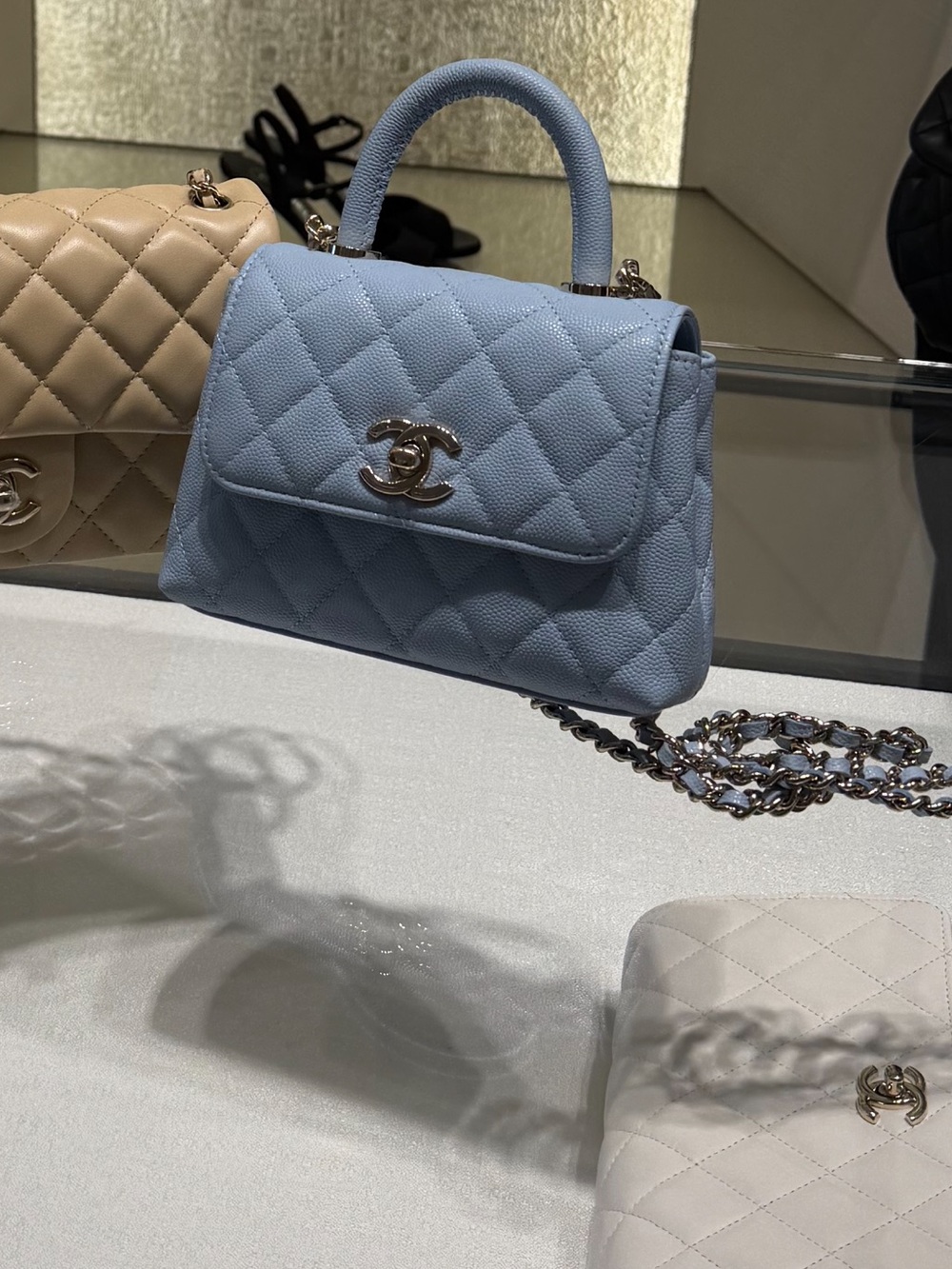 CHANEL Quilted Mini Top-Handle Bag in Pale Blue